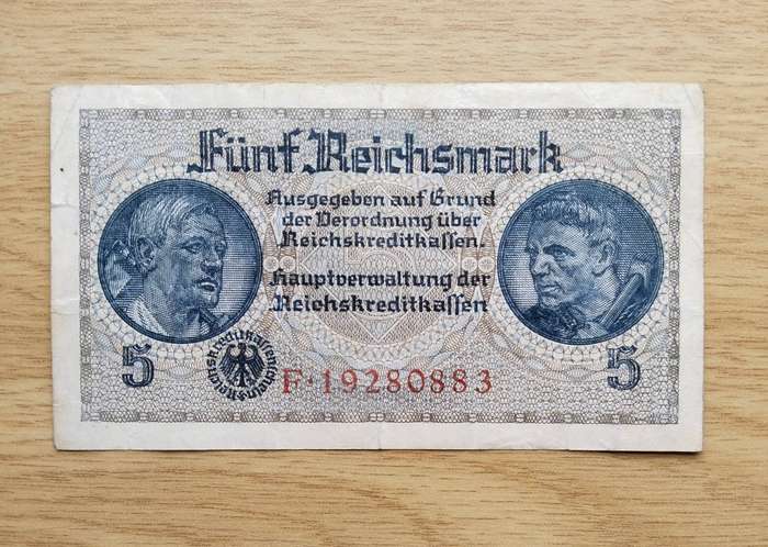 Deutschland 5 Reichsmark Old Bank Note.