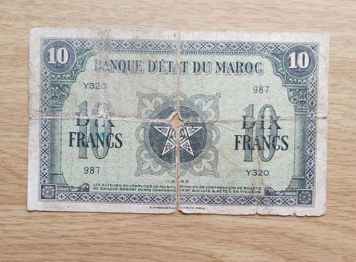 Marco 1943 Old 10 Frank bank note. See photo for condition.