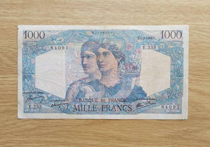 France 1946 Old 1000 Francs Bank Note.