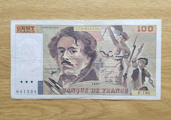 France 1991 Old 100 Cent Francs Bank Note.
