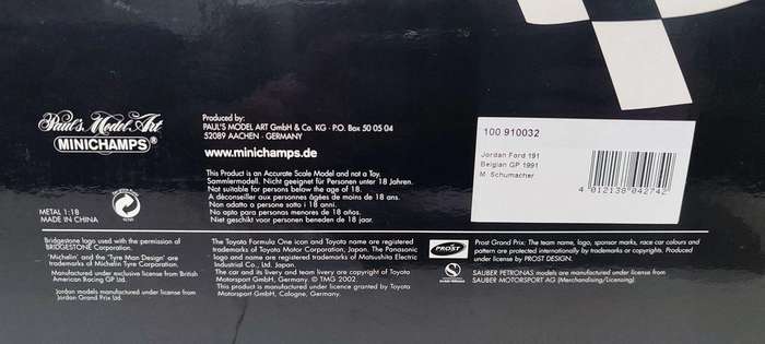 **RARE/BOXED** 1/18 Minichamps F1 Jordan Ford 191 Belgian GP 1991 #32 M. Schumacher (100910032)