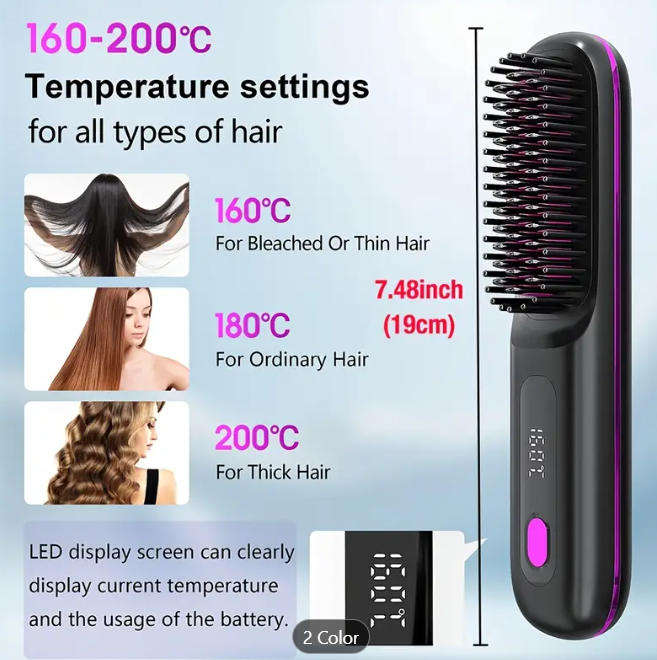 Rechargeable Cordless Hair Straightener Brush, Hot Comb Hair Straightener