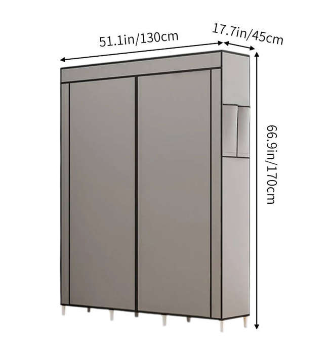 Portable Wardrobe with Dustproof Cover Canvas Closet Clothes Organizer - grey