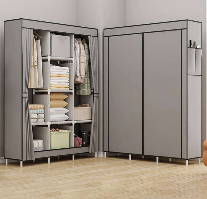 Portable Wardrobe with Dustproof Cover Canvas Closet Clothes Organizer - grey