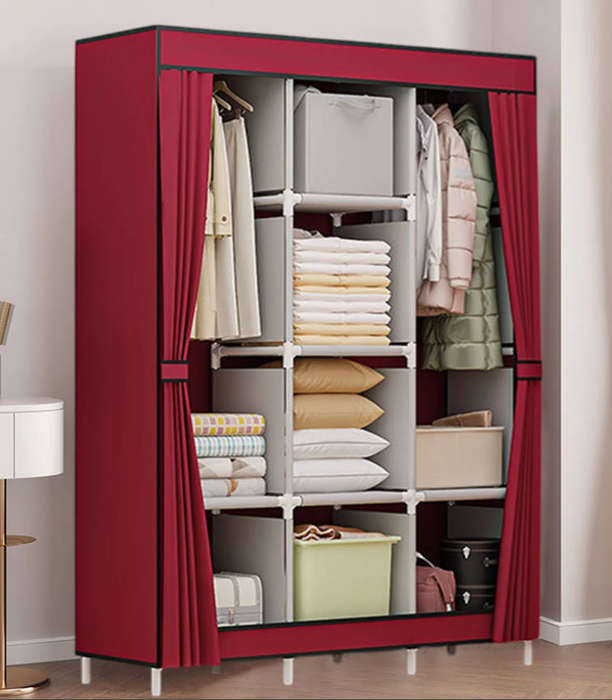 Portable Wardrobe with Dustproof Cover Canvas Closet Clothes Organizer - red