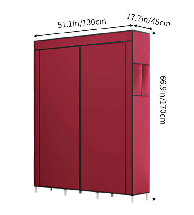 Portable Wardrobe with Dustproof Cover Canvas Closet Clothes Organizer - red