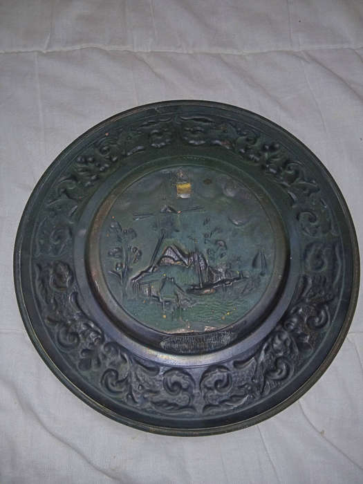 Vintage copper display plate of windmill and farm house