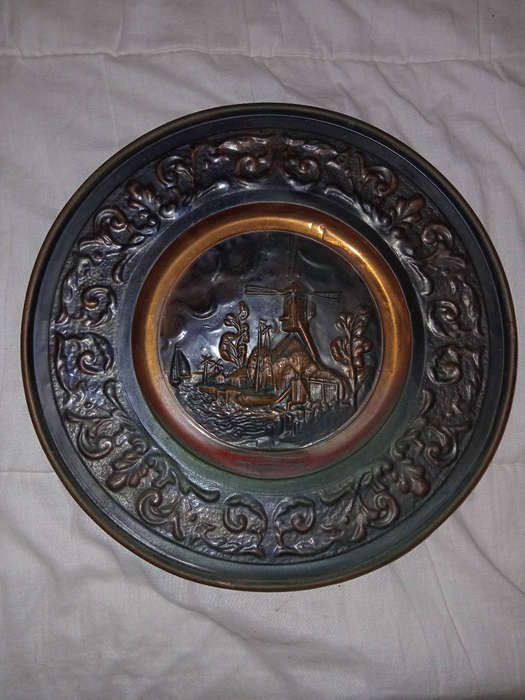 Vintage copper display plate of windmill and farm house