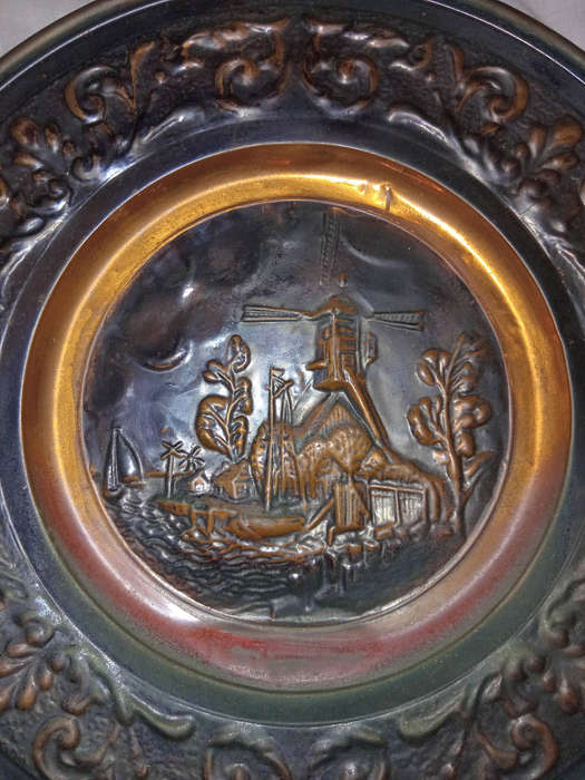 Vintage copper display plate of windmill and farm house