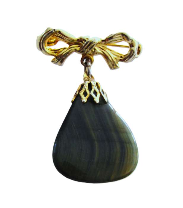 Vintage Gold Tone Bow Dangle Brooch pin with genuine green jasper stone