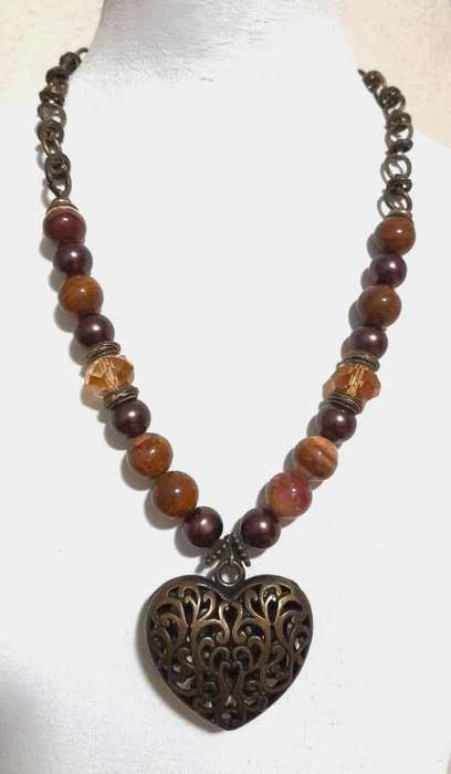Vintage Puffy Filigree Heart Pendant Necklace with Agate, Faux Pearl, and Citrine Crystal Beads