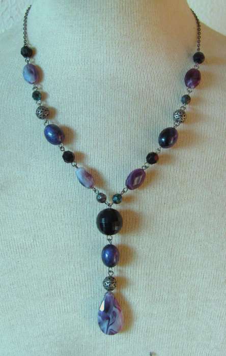 Vintage Simulated Amethyst & Silver Tone Filigree Bead Necklace
