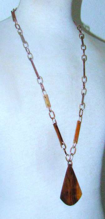 Vintage Two-Tone Metal Link and Wooden Beaded Pendant Necklace