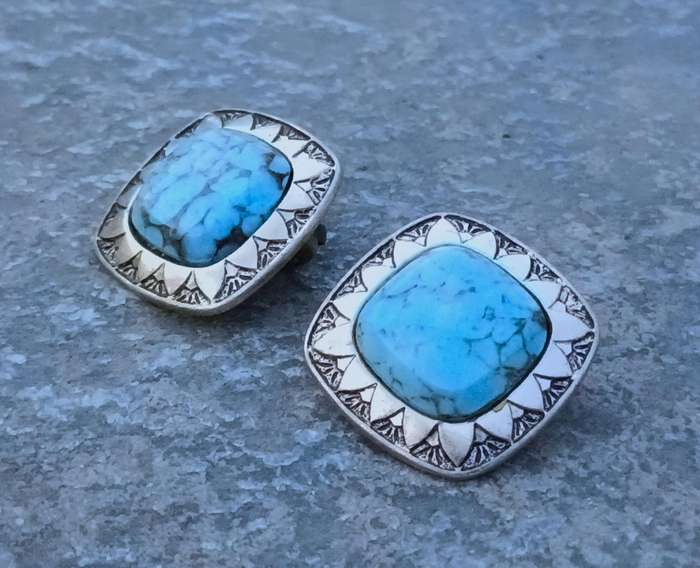 Vintage Silver-Tone & Faux Turquoise Clip-On Earrings