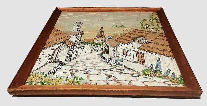 Vintage Framed Needlepoint Art: Idyllic European Village Scene