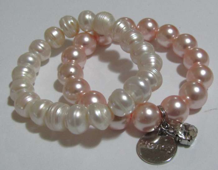 Pair of Vintage Pearl Stretch Bracelets - Natural Freshwater & Faux Pink Pearl with Crystal Charm