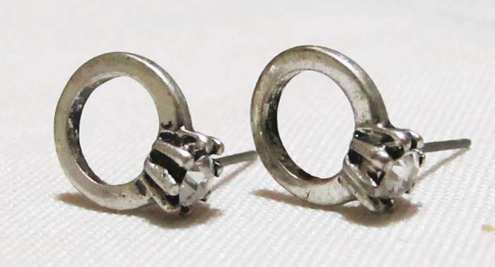 Vintage Silver-Tone Stud Earrings | Mini Solitaire Ring Design | Crystal Accent