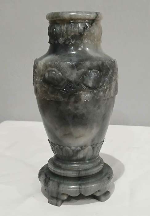 Vintage Hand-Carved Chinese Nephrite Jade Vase with Crane & Floral Motifs | Estate Collection | 18cm