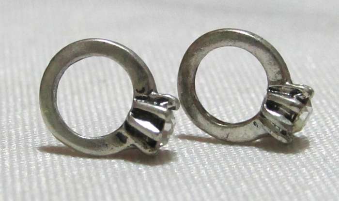 Vintage Silver-Tone Stud Earrings | Mini Solitaire Ring Design | Crystal Accent
