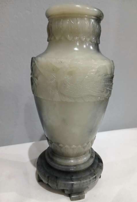 Vintage Hand-Carved Chinese Nephrite Jade Vase with Crane & Floral Motifs | Estate Collection | 18cm