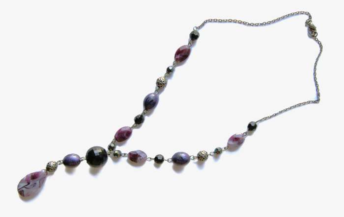 Vintage Simulated Amethyst & Silver Tone Filigree Bead Necklace