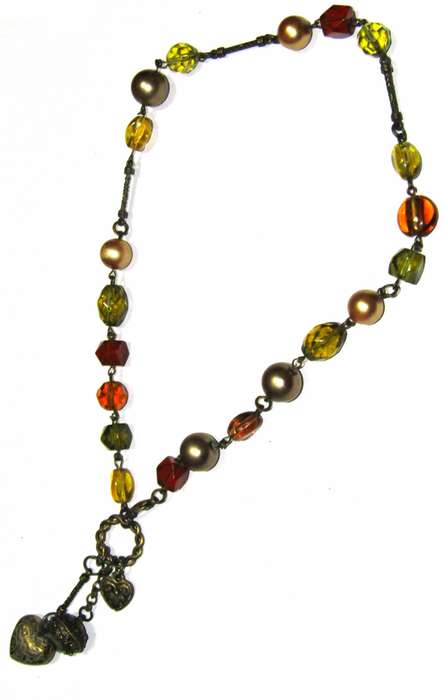 Vintage Brass-Tone Charm Necklace | Faceted Glass Beads & Faux Pearls | Warm Earthy Tones