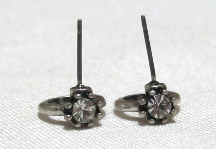 Vintage Silver-Tone Stud Earrings | Mini Solitaire Ring Design | Crystal Accent