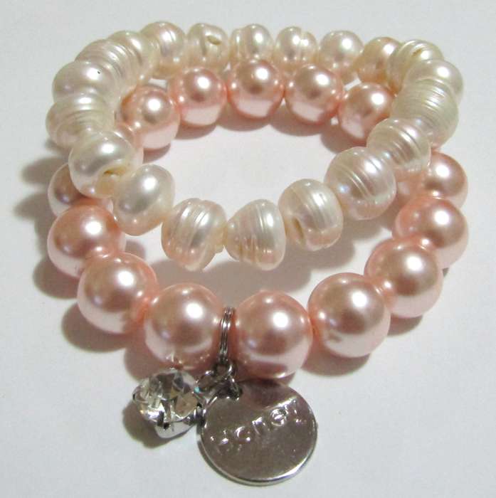 Pair of Vintage Pearl Stretch Bracelets - Natural Freshwater & Faux Pink Pearl with Crystal Charm