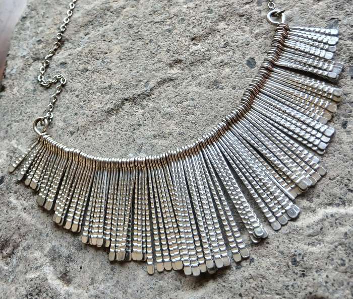 Striking Vintage Silver-Tone Fringe Bib Necklace  Industrial Chic Meets Brutalist Elegance