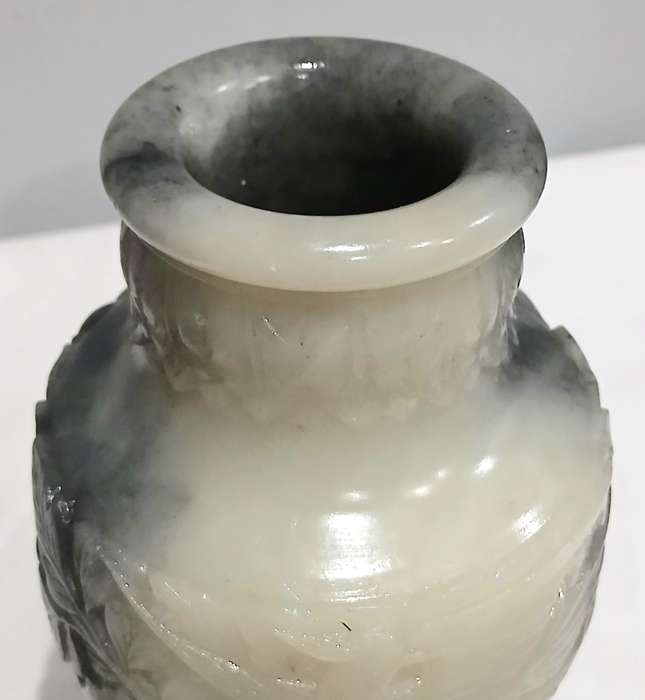 Vintage Hand-Carved Chinese Nephrite Jade Vase with Crane & Floral Motifs | Estate Collection | 18cm