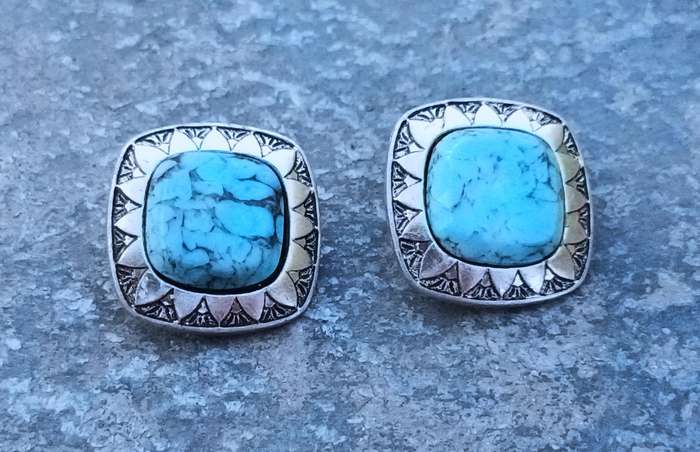 Vintage Silver-Tone & Faux Turquoise Clip-On Earrings