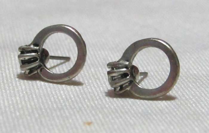 Vintage Silver-Tone Stud Earrings | Mini Solitaire Ring Design | Crystal Accent