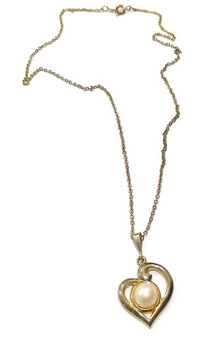 Vintage Gold-Tone Heart and Faux Pearl Pendant Necklace c1970