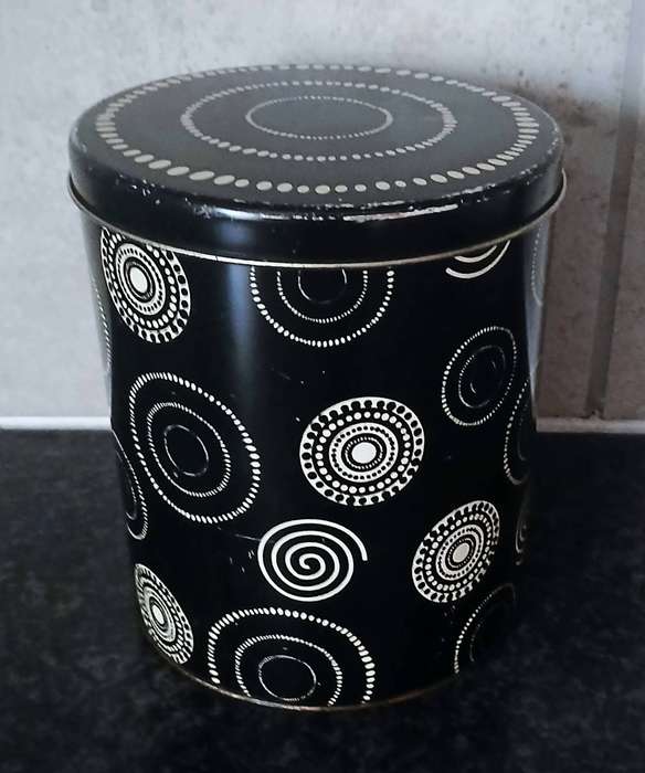 Retro 1970s Black & White Regency Ware Storage Tin | Circular Dot Pattern