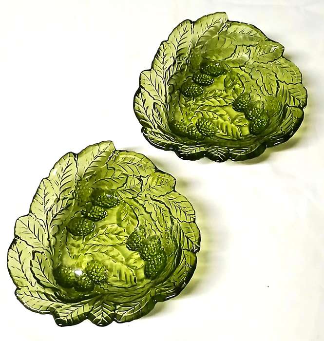 Vintage Indiana Loganberry Glass Bowls | Avocado Green Pressed Glass | Triangular Mid-Century Fruit