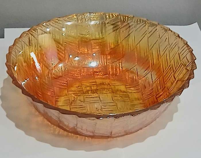 Vibrant Vintage Marigold Carnival Glass Serving Bowl - Classic Basket Weave Pattern