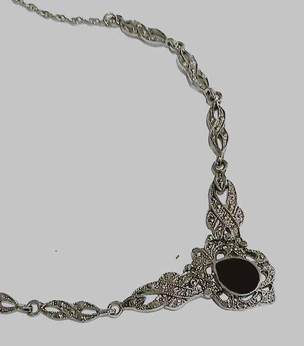 Belle Époque Style Necklace | Black Enamel & Ornate Silver-Tone Metalwork | Vintage Elegance