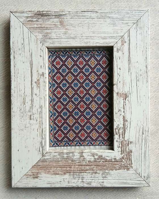 Vintage Set of three Miniature Carpet Design Samples in Distressed wooden Frames