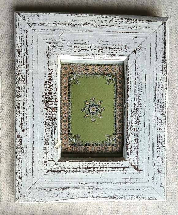 Vintage Set of three Miniature Carpet Design Samples in Distressed wooden Frames