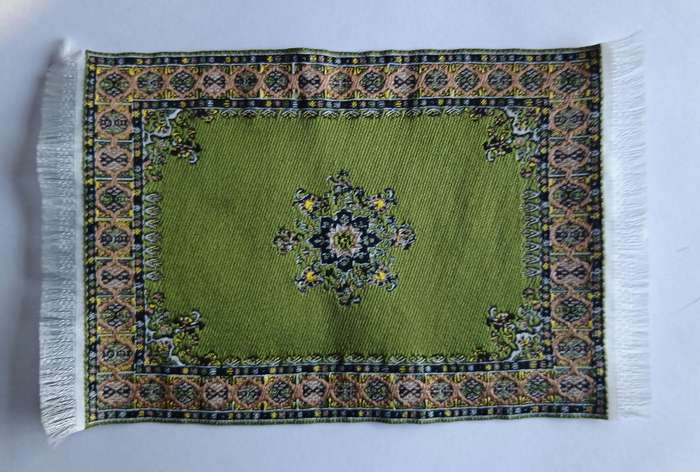 Doll's House Miniature Carpet - Vintage Woven Rug - Green Oriental Design
