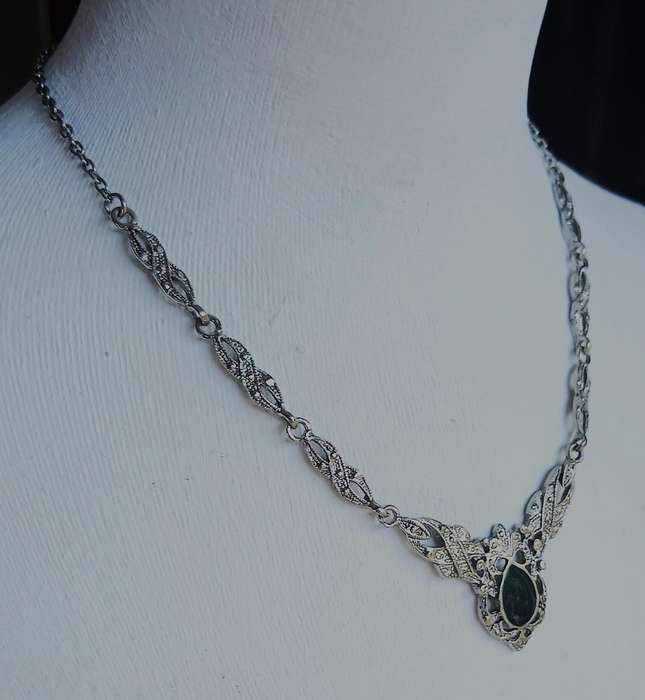 Belle Époque Style Necklace | Black Enamel & Ornate Silver-Tone Metalwork | Vintage Elegance