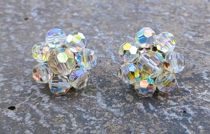 Exquisite Vintage Aurora Borealis Cluster Flower Clip-on Earrings - Made in Germany