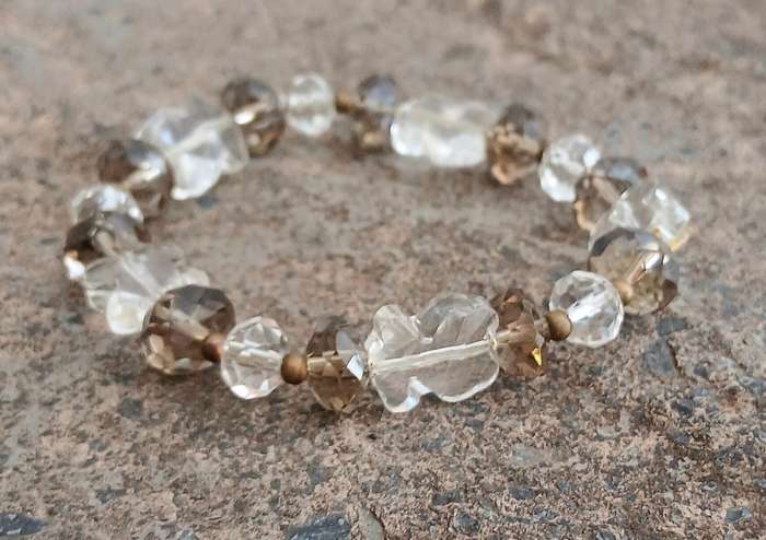 Vintage Stretch Bracelet | Smokey Quartz & Clear Glass Beads with Butterfly Accents