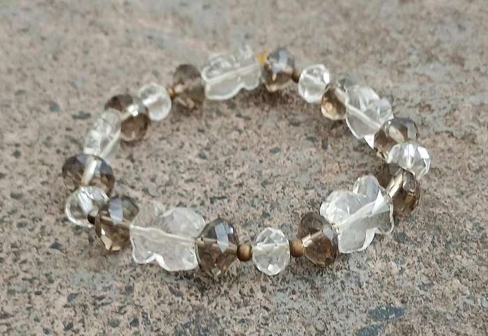 Vintage Stretch Bracelet | Smokey Quartz & Clear Glass Beads with Butterfly Accents