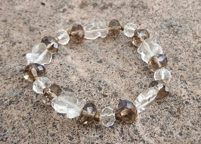 Vintage Stretch Bracelet | Smokey Quartz & Clear Glass Beads with Butterfly Accents