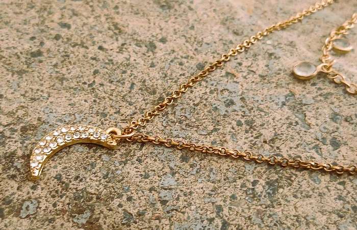 Vintage Gold-Tone Layered Necklace | Moon Pendant & Glass Charms | Celestial Jewellery
