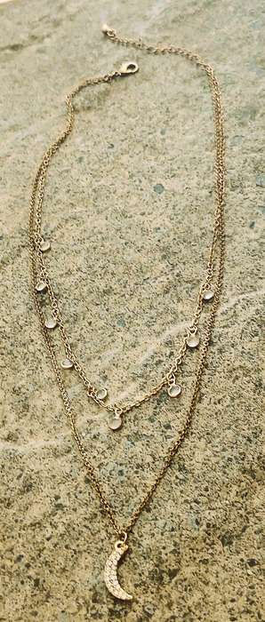 Vintage Gold-Tone Layered Necklace | Moon Pendant & Glass Charms | Celestial Jewellery