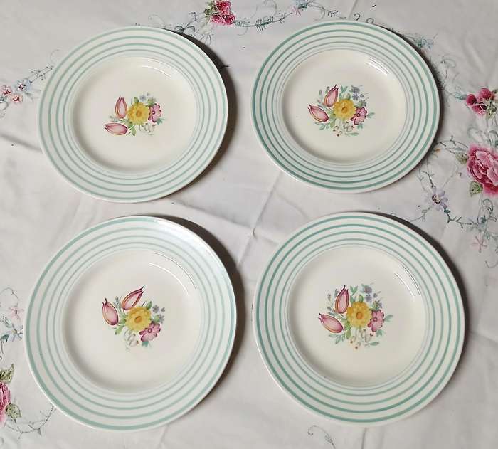 Collectable Susie Cooper 'Coffee Time' Vintage Side Plates - Floral & Green Stripe