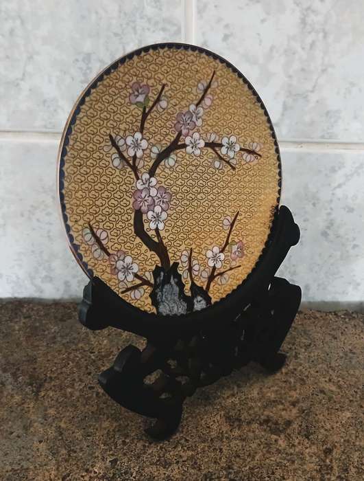 Vintage Chinese Cloisonné Plate with Cherry Blossom Design and Carved Wooden Stand
