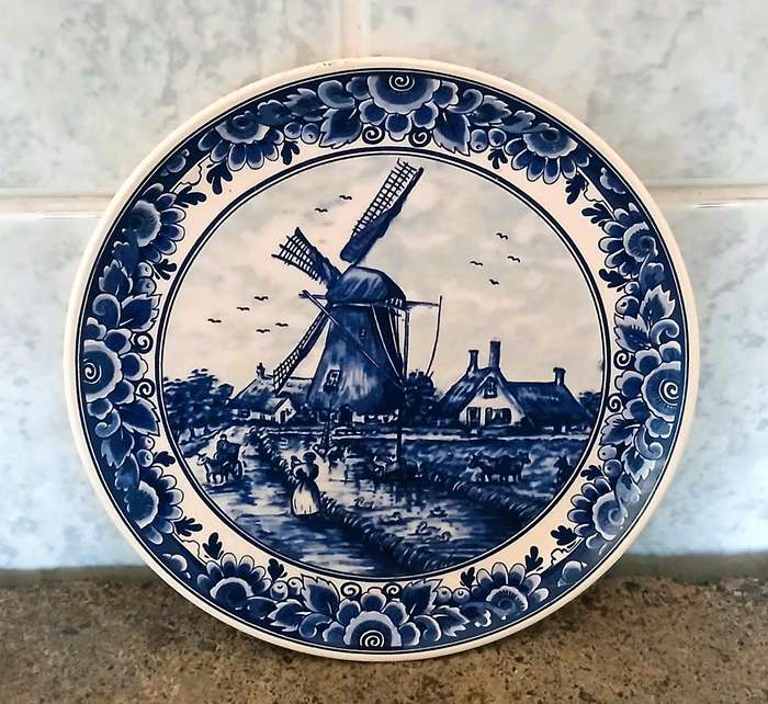 Vintage Delft-Style Decorative Plate  Classic Windmill Scene